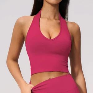 Seamless Halter Neck Sports Bra | V-Neck Yoga Top with Removable Pads