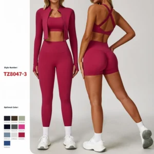 Women's 3 piece yoga set with sports bra, high-waisted leggings or shorts and zip-up thumbhole jacket
