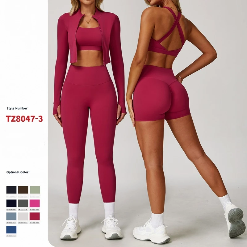 Women's 3 piece yoga set with sports bra, high-waisted leggings or shorts and zip-up thumbhole jacket
