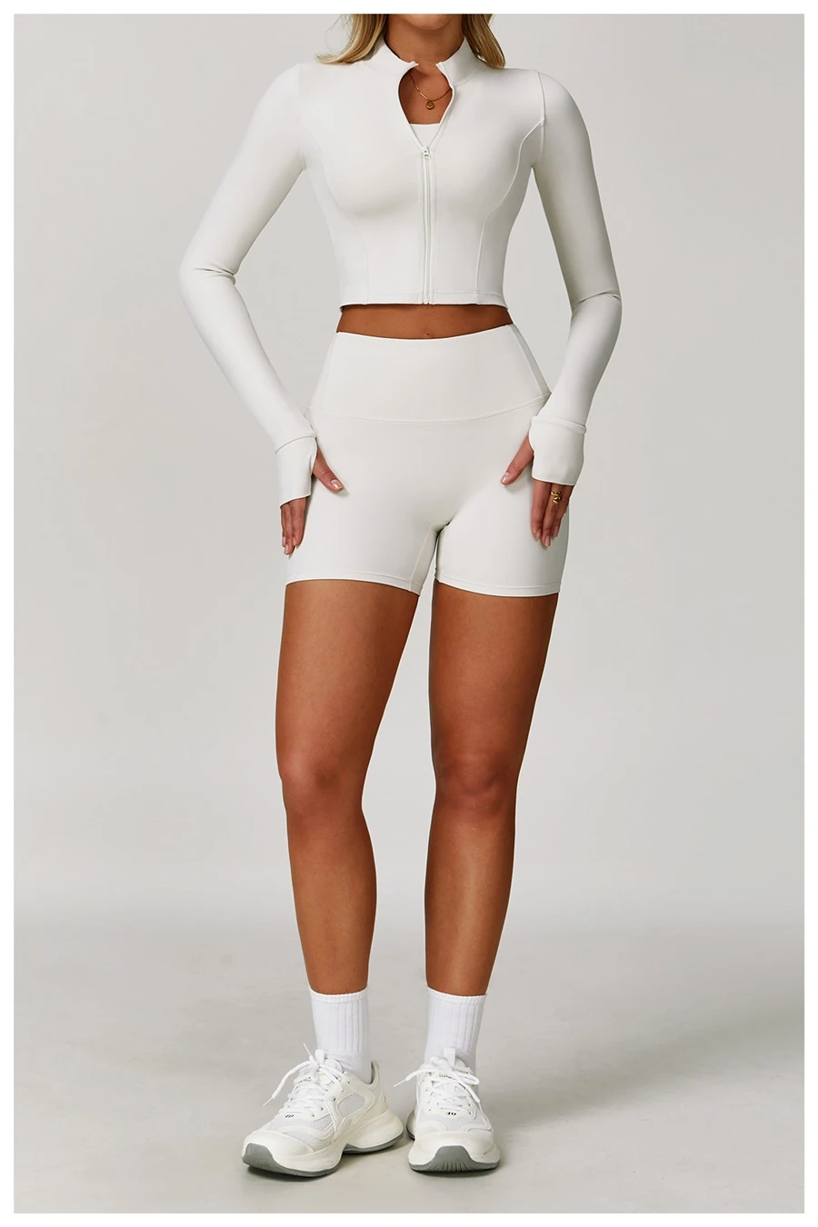 Women's 3 piece yoga set with sports bra, high-waisted shorts and zip-up thumbhole jacket
