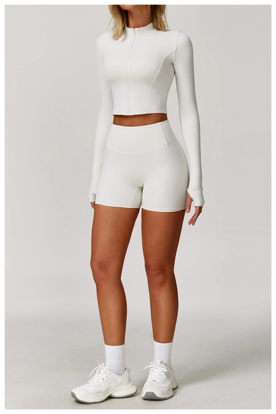 Women's 3 piece yoga set with sports bra, high-waisted shorts and zip-up thumbhole jacket
