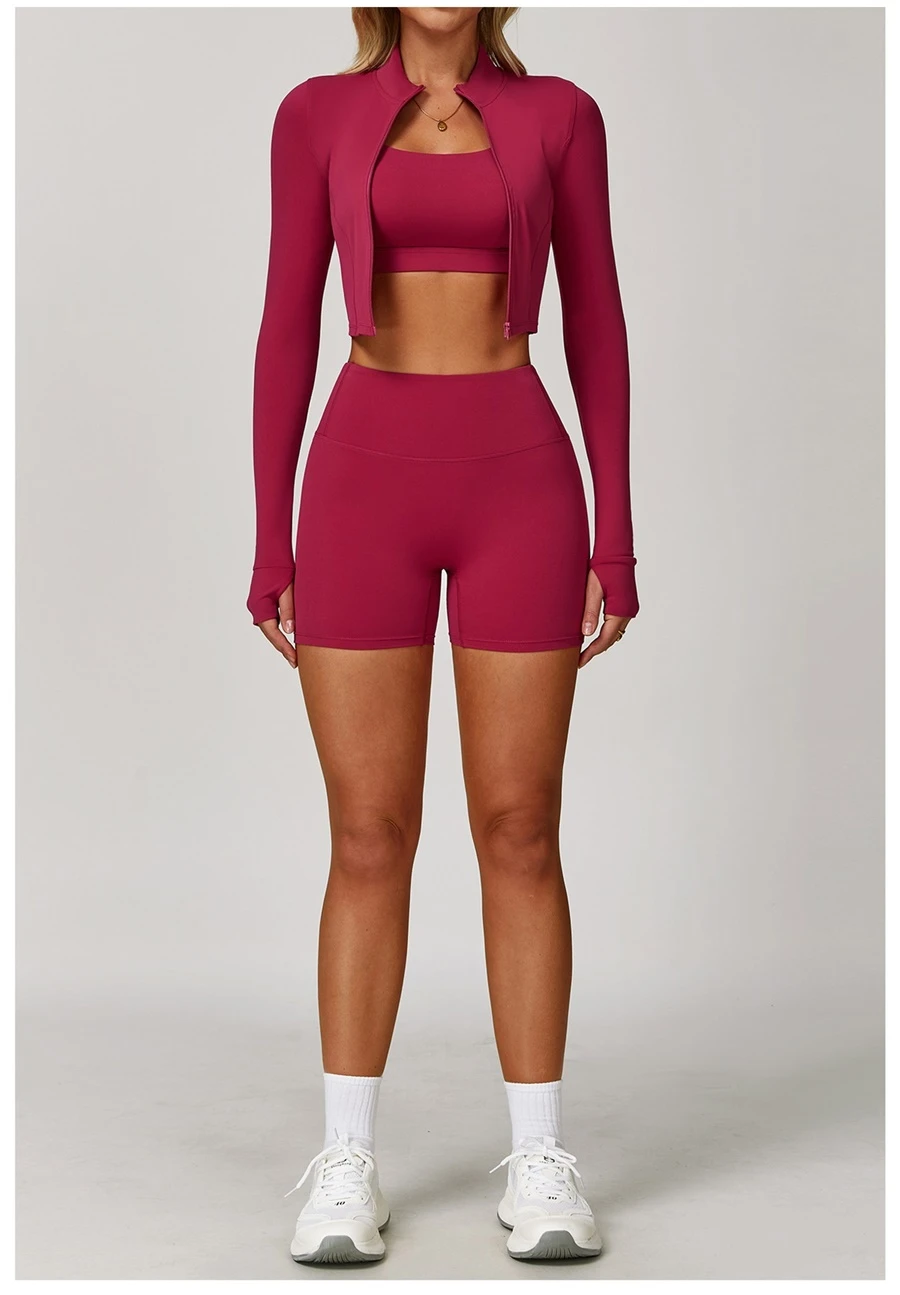 front view for Women's 3 piece yoga set with sports bra, high-waisted shorts and zip-up thumbhole jacket