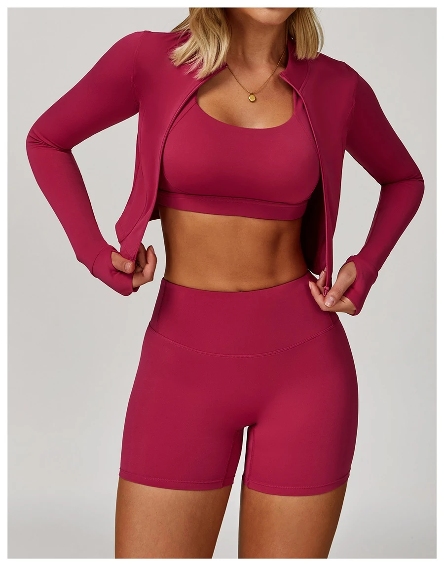 Women's 3 piece yoga set with sports bra, high-waisted shorts and zip-up thumbhole jacket