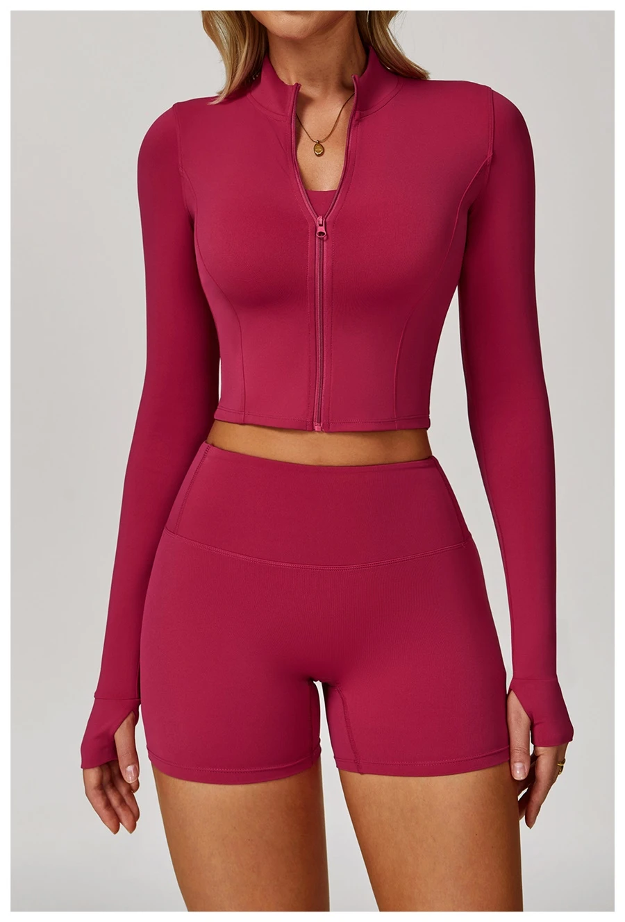 Women's 3 piece yoga set with sports bra, high-waisted shorts and zip-up thumbhole jacket