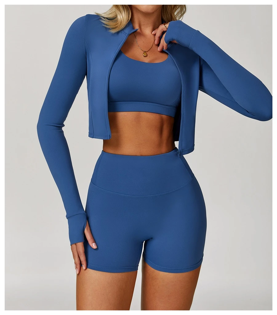 Women's 3 piece yoga set with sports bra, high-waisted shorts and zip-up thumbhole jacket