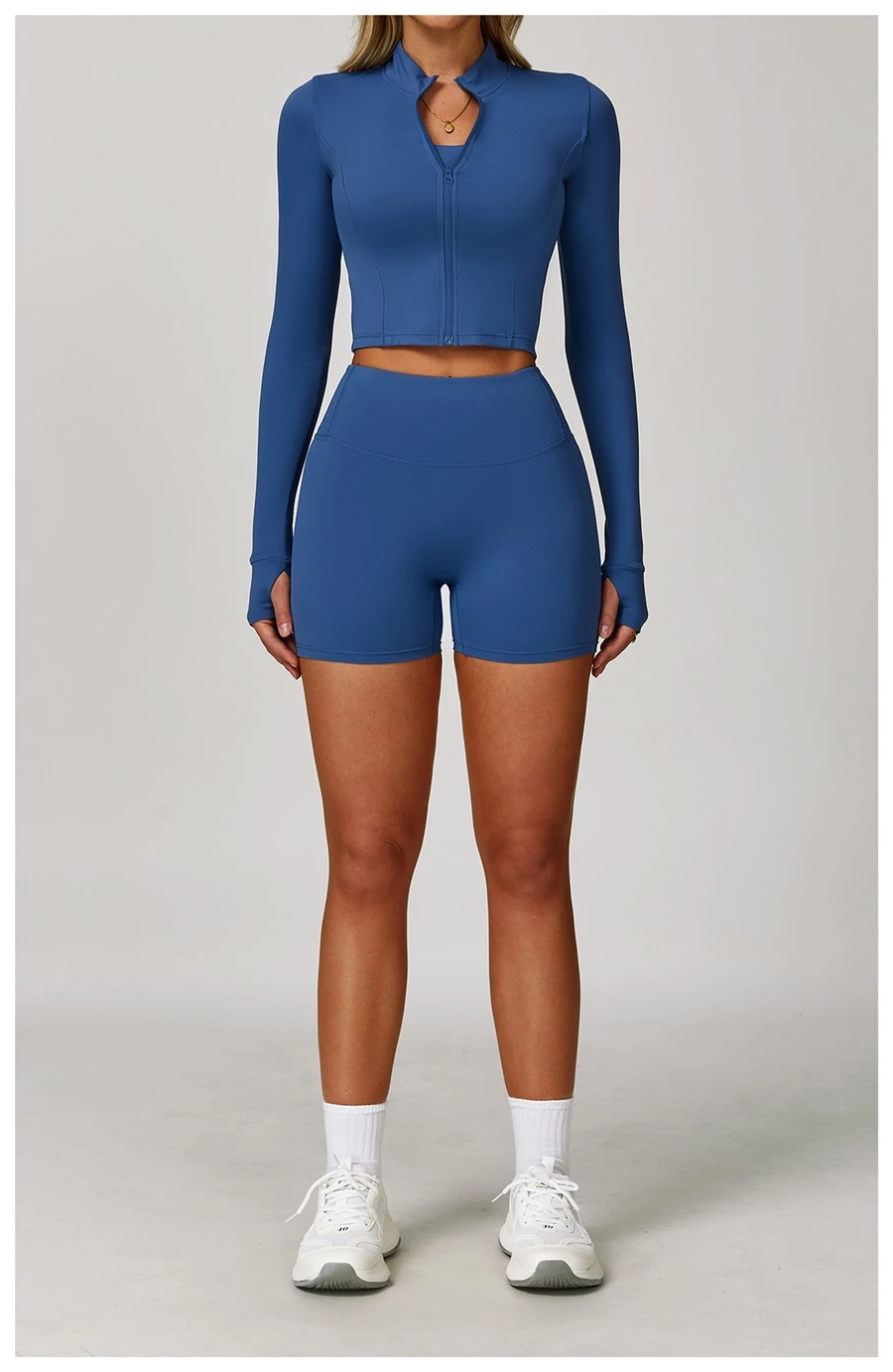 Women's 3 piece yoga set with sports bra, high-waisted shorts and zip-up thumbhole jacket