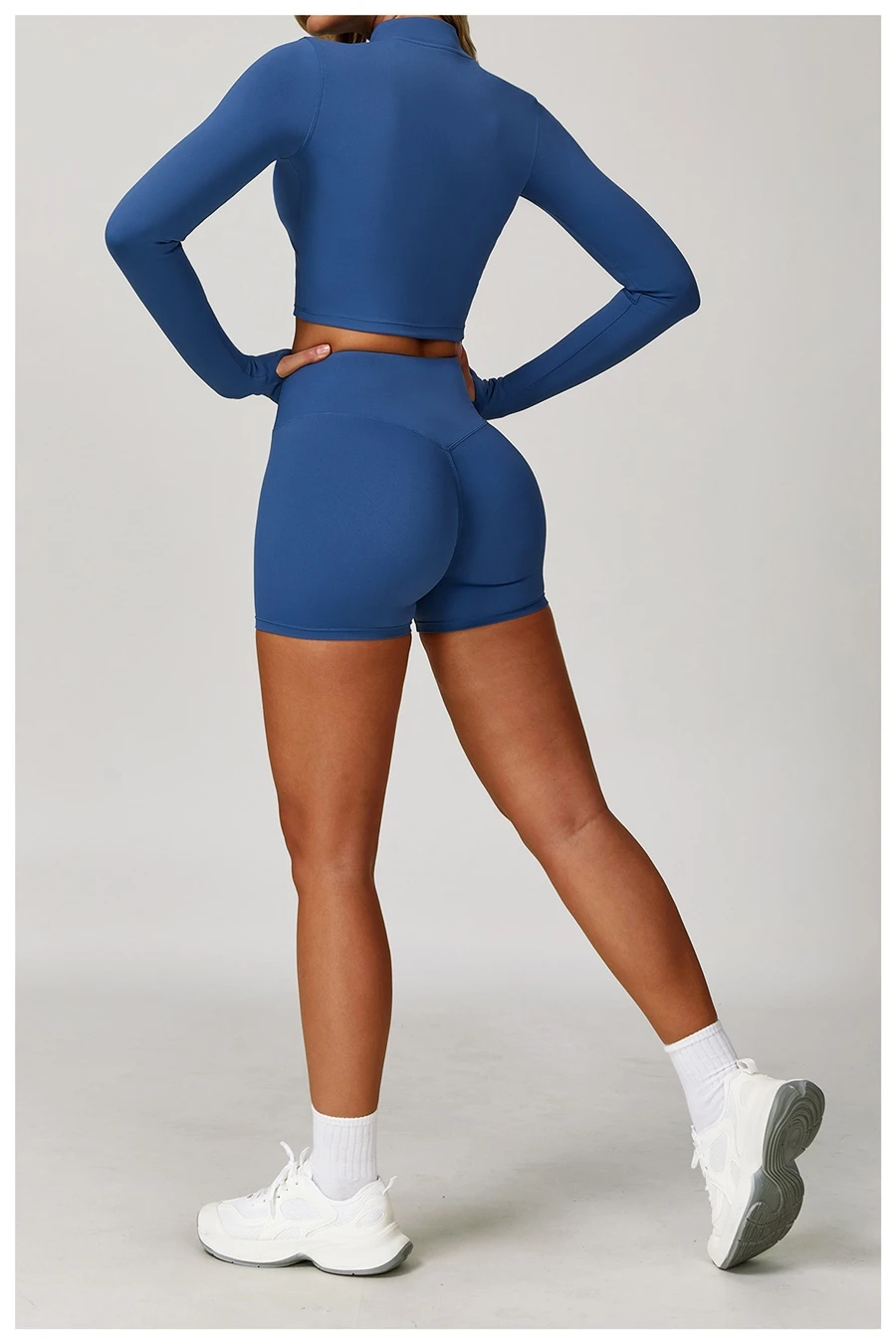 Back view for Women's 3 piece yoga set with sports bra, high-waisted shorts and zip-up thumbhole jacket