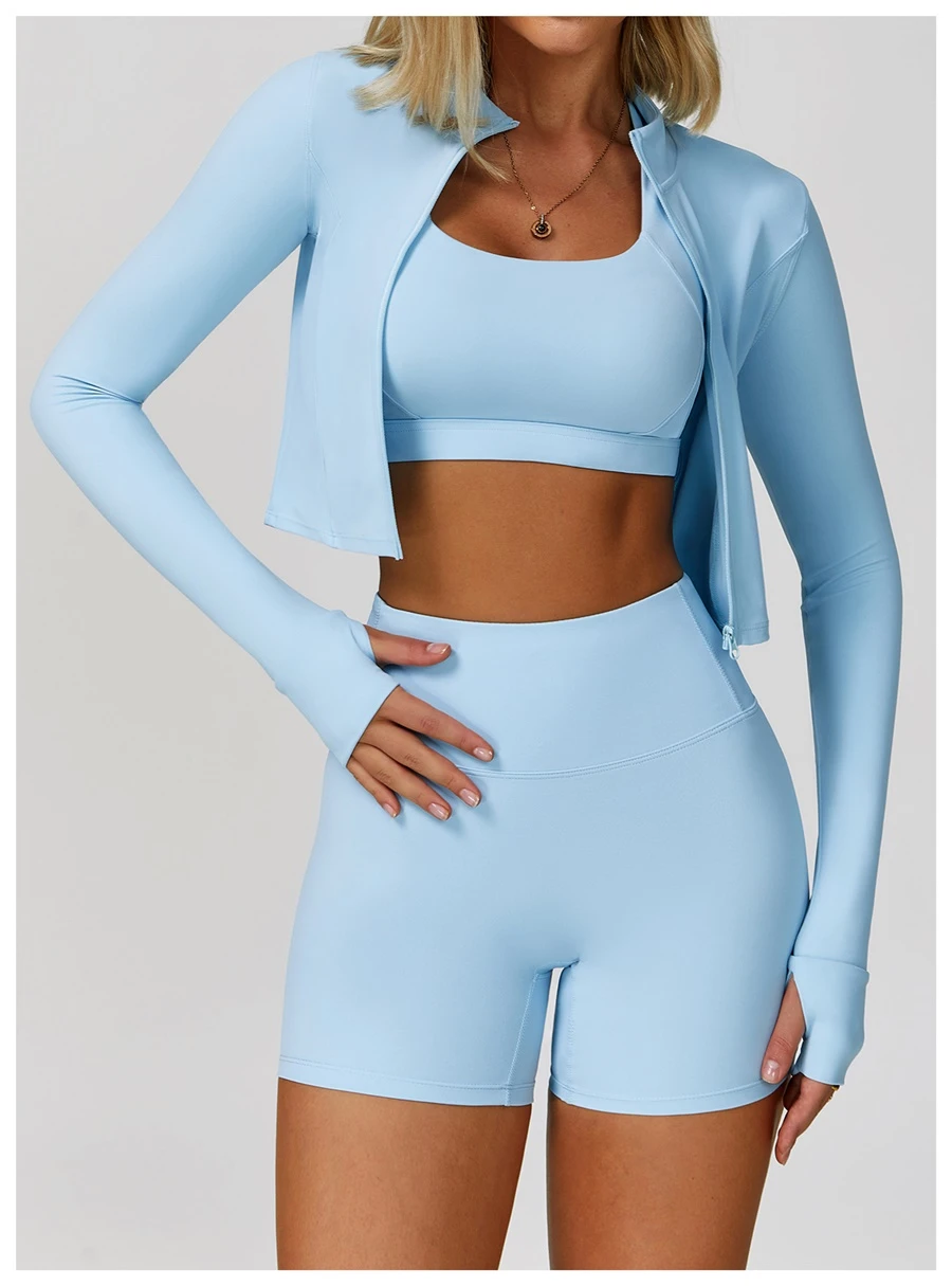 Women's 3 piece yoga set with sports bra, high-waisted shorts and zip-up thumbhole jacket