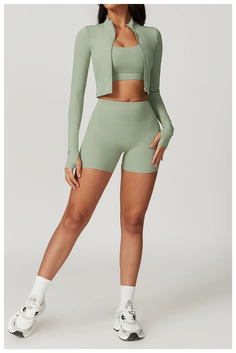 Women's 3 piece yoga set with sports bra, high-waisted shorts and zip-up thumbhole jacket