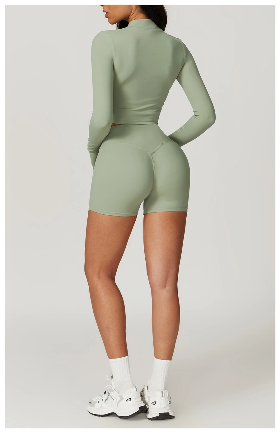 Women's 3 piece yoga set with sports bra, high-waisted shorts and zip-up thumbhole jacket