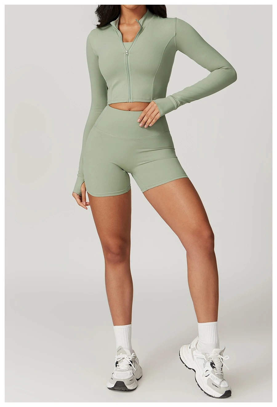 Women's 3 piece yoga set with sports bra, high-waisted shorts and zip-up thumbhole jacket