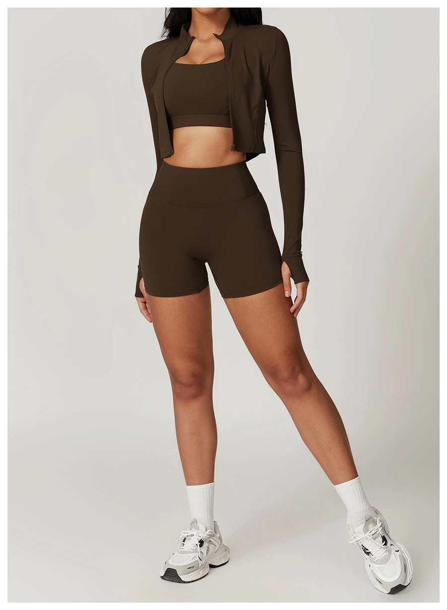 Women's 3 piece yoga set with sports bra, high-waisted shorts and zip-up thumbhole jacket