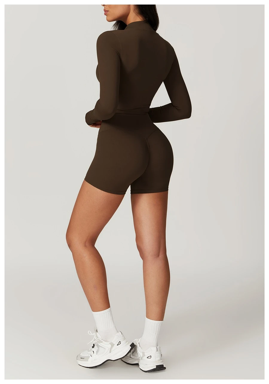 Women's 3 piece yoga set with sports bra, high-waisted shorts and zip-up thumbhole jacket