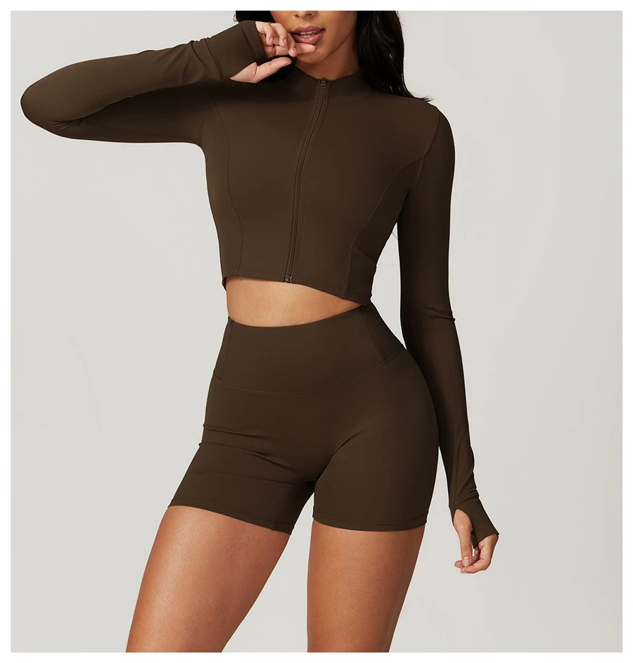 Women's 3 piece yoga set with sports bra, high-waisted shorts and zip-up thumbhole jacket