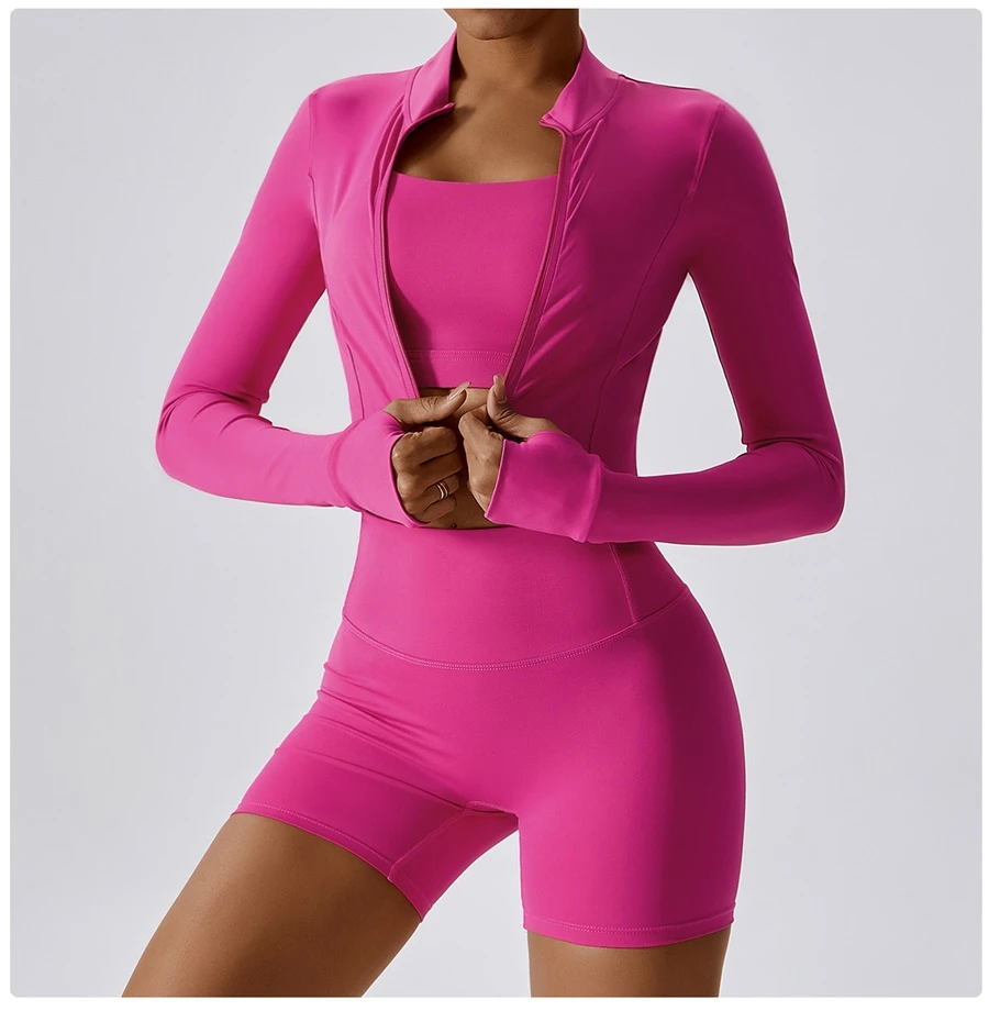 Women's 3 piece yoga set with sports bra, high-waisted shorts and zip-up thumbhole jacket