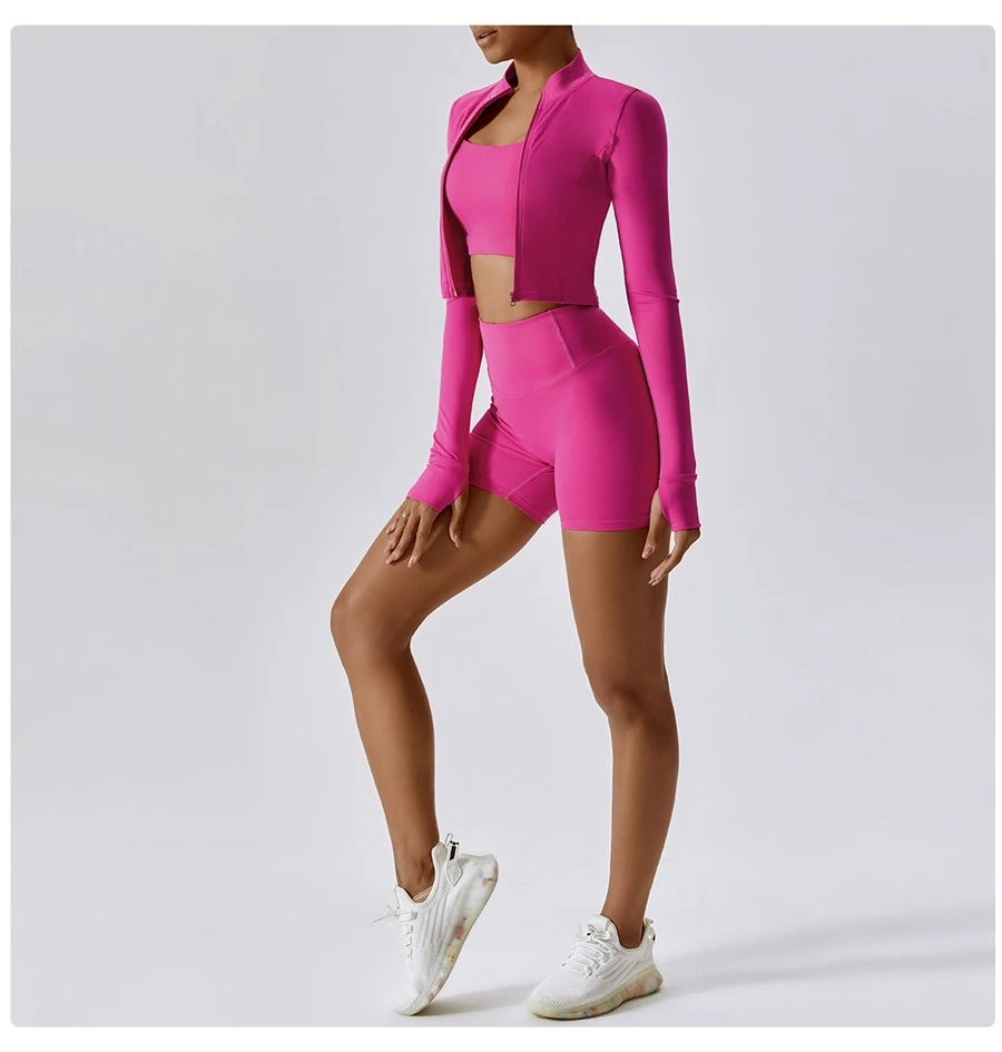 Women's 3 piece yoga set with sports bra, high-waisted shorts and zip-up thumbhole jacket