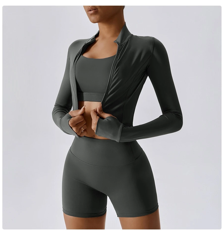 Women's 3 piece yoga set with sports bra, high-waisted shorts and zip-up thumbhole jacket