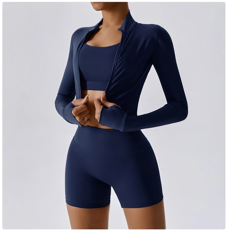 Women's 3 piece yoga set with sports bra, high-waisted shorts and zip-up thumbhole jacket