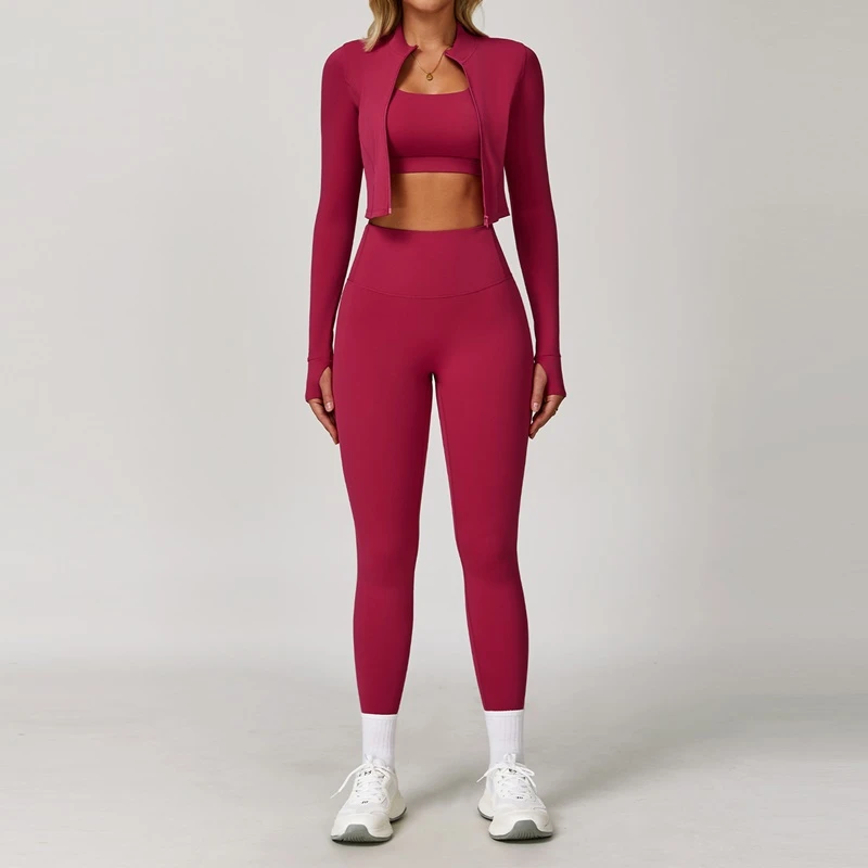 Women's 3 piece yoga set with sports bra, high-waisted leggings and zip-up thumbhole jacket