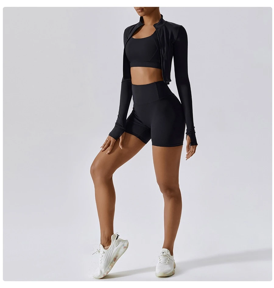Women's 3 piece yoga set with sports bra, high-waisted shorts and zip-up thumbhole jacket