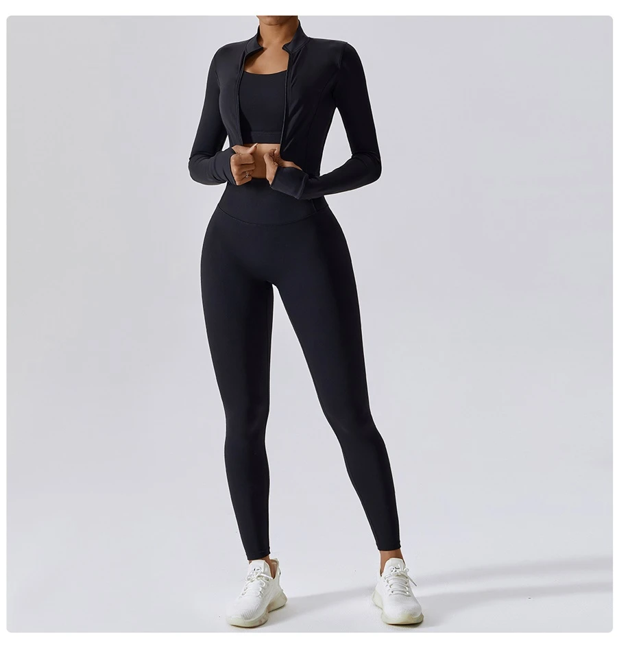 Women's 3 piece yoga set with sports bra, high-waisted leggings and zip-up thumbhole jacket