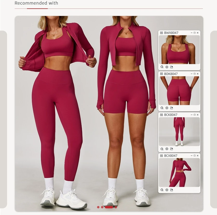 Women's 3 piece yoga set with sports bra, high-waisted leggings or shorts and zip-up thumbhole jacket
