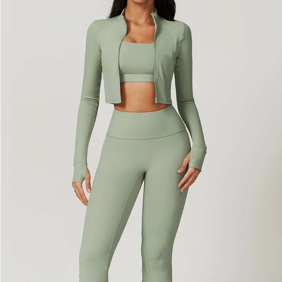 Women's 3 piece yoga set with sports bra, high-waisted leggings and zip-up thumbhole jacket