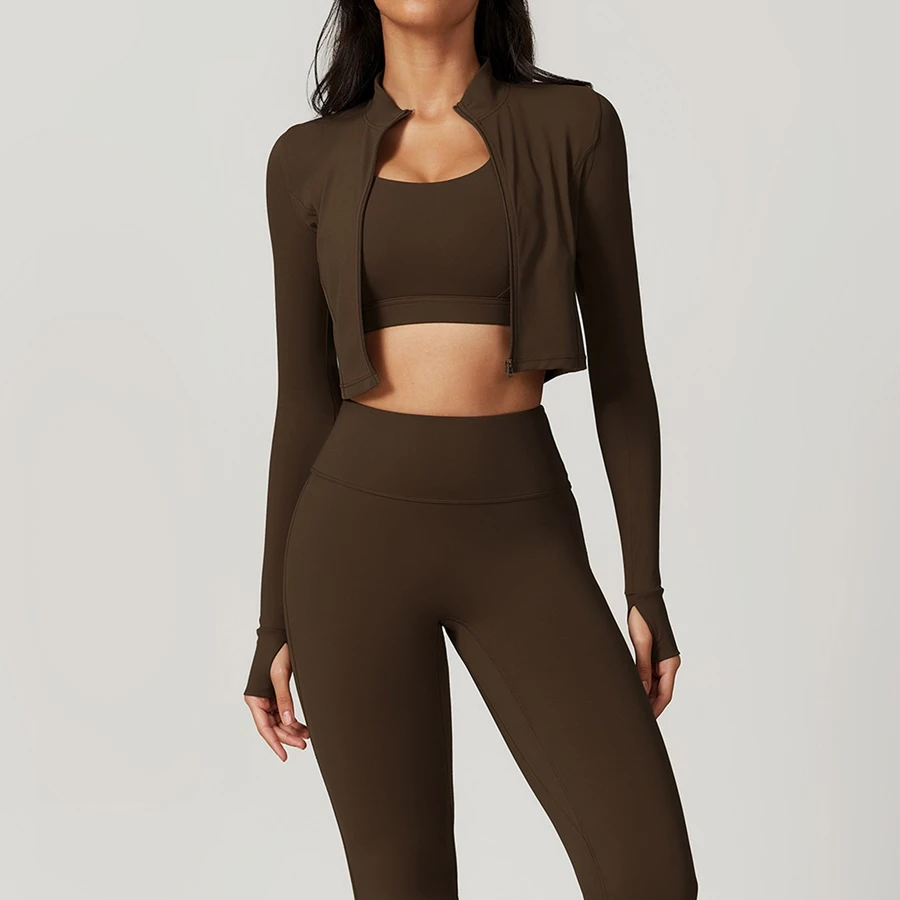 Women's 3 piece yoga set with sports bra, high-waisted leggings and zip-up thumbhole jacket