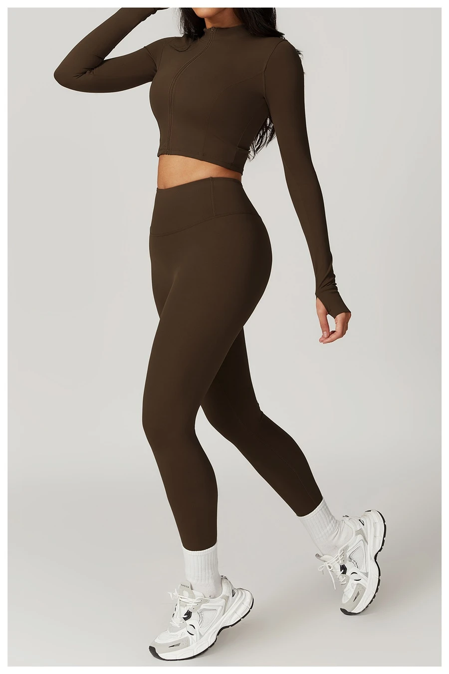 Women's 3 piece yoga set with sports bra, high-waisted leggings and zip-up thumbhole jacket
