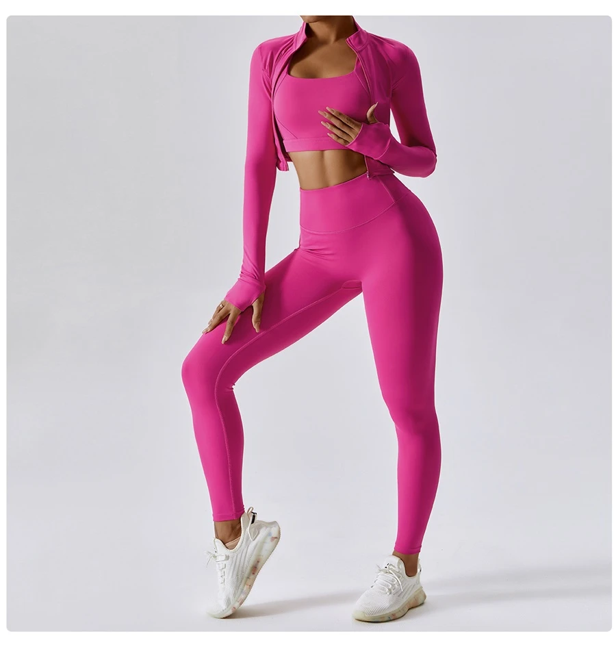 Women's 3 piece yoga set with sports bra, high-waisted leggings and zip-up thumbhole jacket
