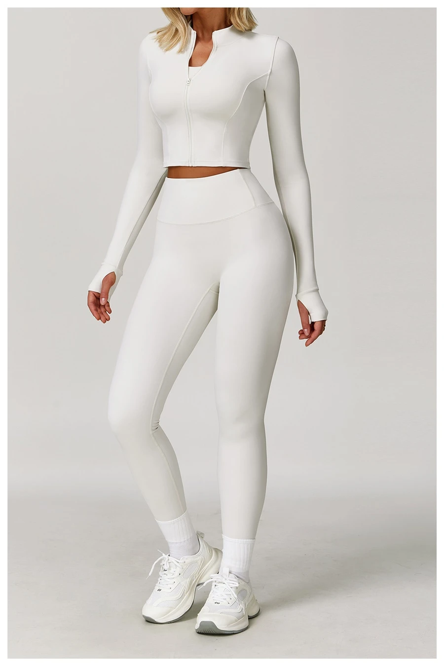 Women's 3 piece yoga set with sports bra, high-waisted leggings and zip-up thumbhole jacket