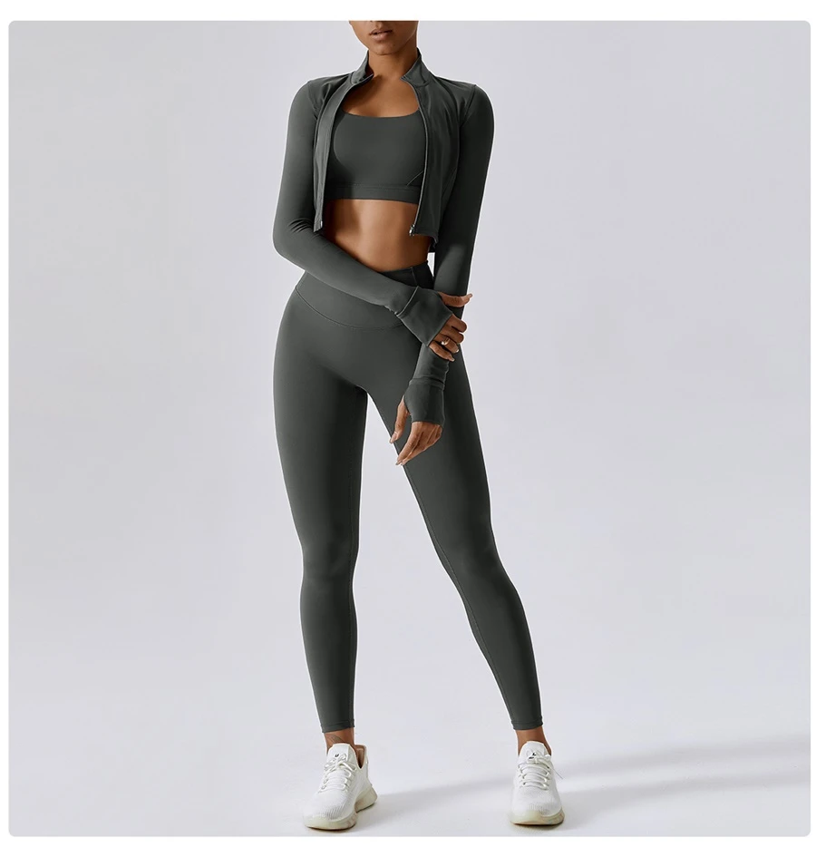 Women's 3 piece yoga set with sports bra, high-waisted leggings and zip-up thumbhole jacket