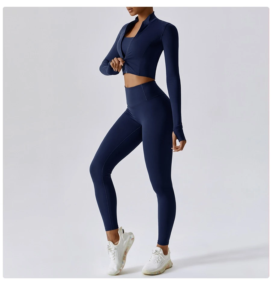 Women's 3 piece yoga set with sports bra, high-waisted leggings and zip-up thumbhole jacket