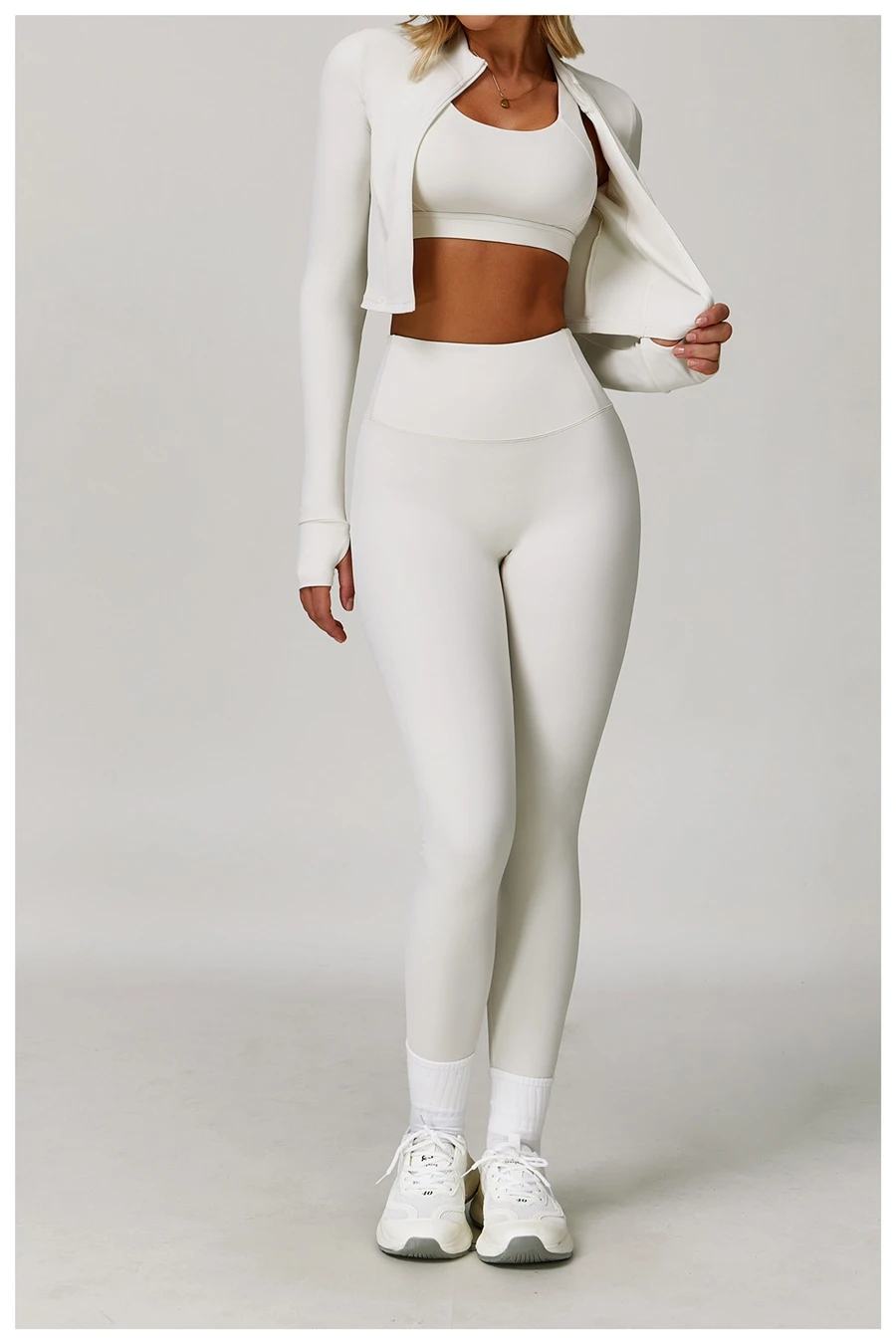 Women's 3 piece yoga set with sports bra, high-waisted leggings and zip-up thumbhole jacket