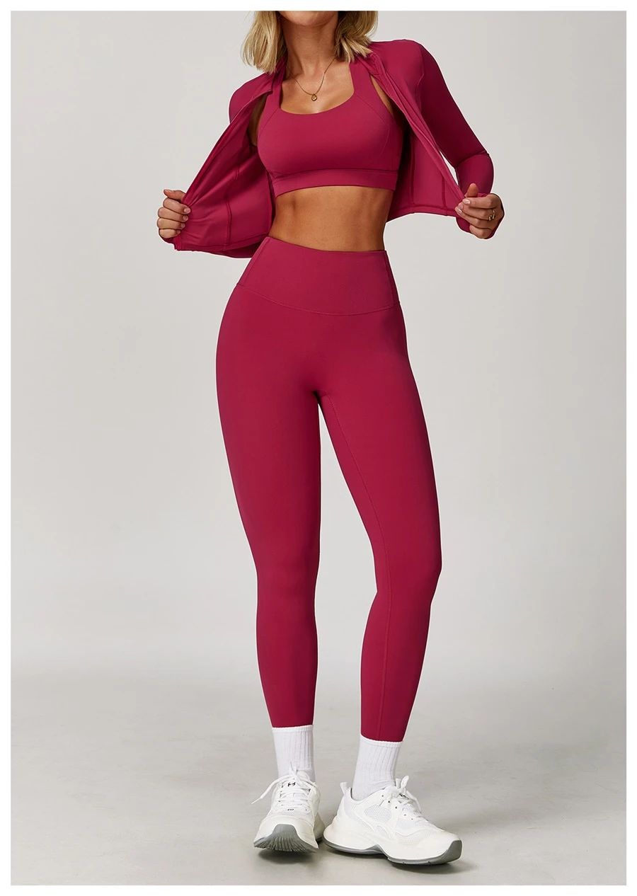 Women's 3 piece yoga set with sports bra, high-waisted leggings and zip-up thumbhole jacket