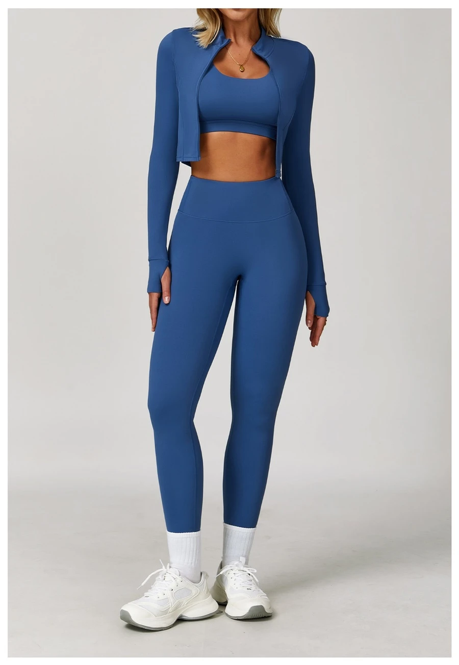 Women's 3 piece yoga set with sports bra, high-waisted leggings and zip-up thumbhole jacket