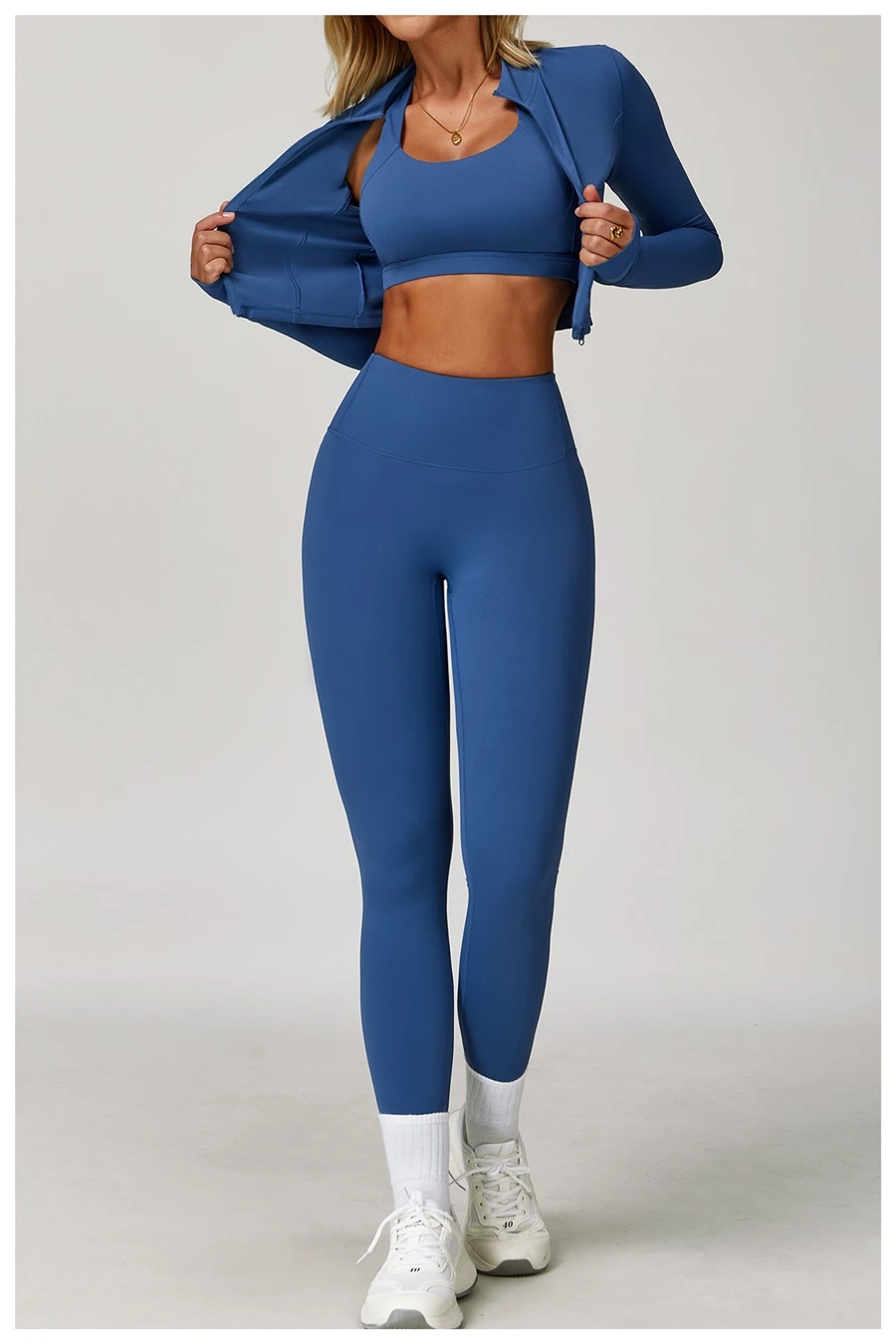 Women's 3 piece yoga set with sports bra, high-waisted leggings and zip-up thumbhole jacket