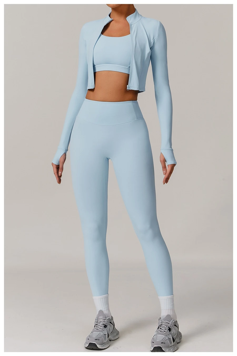 Women's 3 piece yoga set with sports bra, high-waisted leggings and zip-up thumbhole jacket