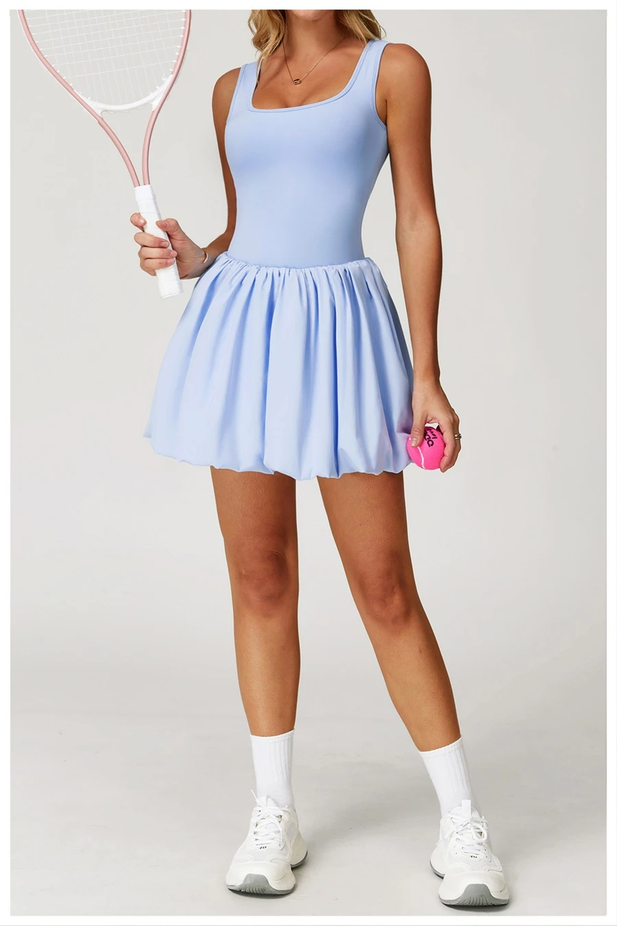 2-in-1 sports dress with built-in shorts for women in sky blue, featuring flounce bubble hem and gathered waist