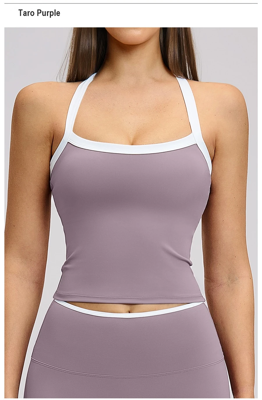 front view for Woman wearing stylish backless yoga tank top during fitness workout-taro purple