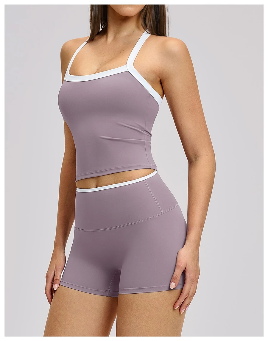 side view for Woman wearing stylish backless yoga tank top during fitness workout-taro purple