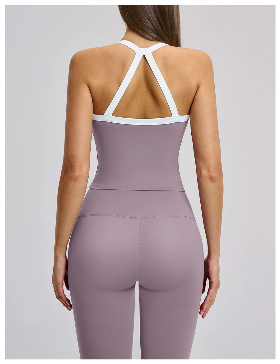 back view for Woman wearing stylish backless yoga tank top during fitness workout-taro purple