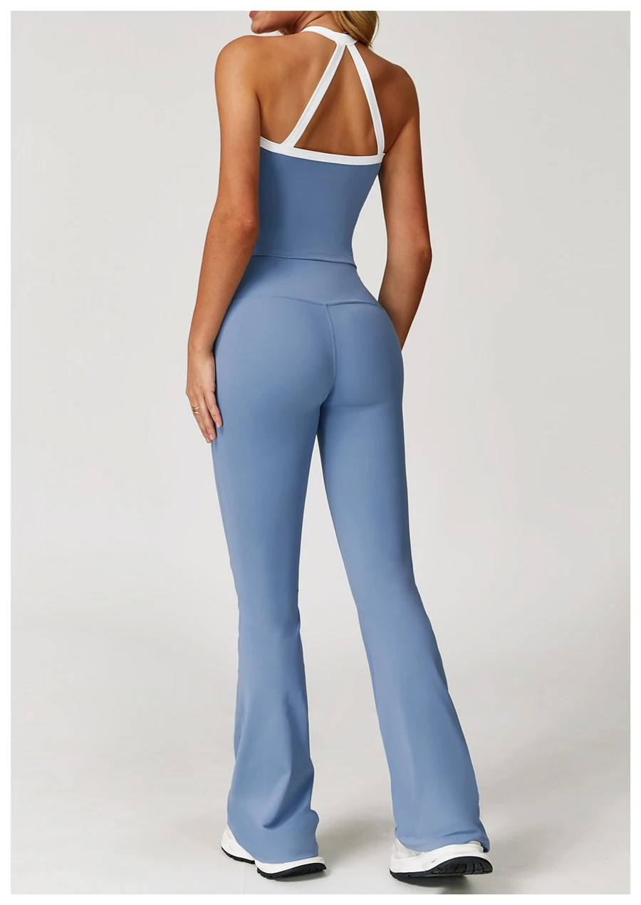 back view for Woman wearing stylish backless yoga tank top during fitness workout-misty blue