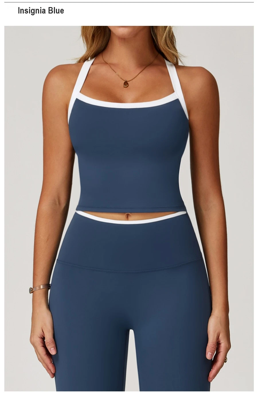 front view for Woman wearing stylish backless yoga tank top during fitness workout-insignia blue