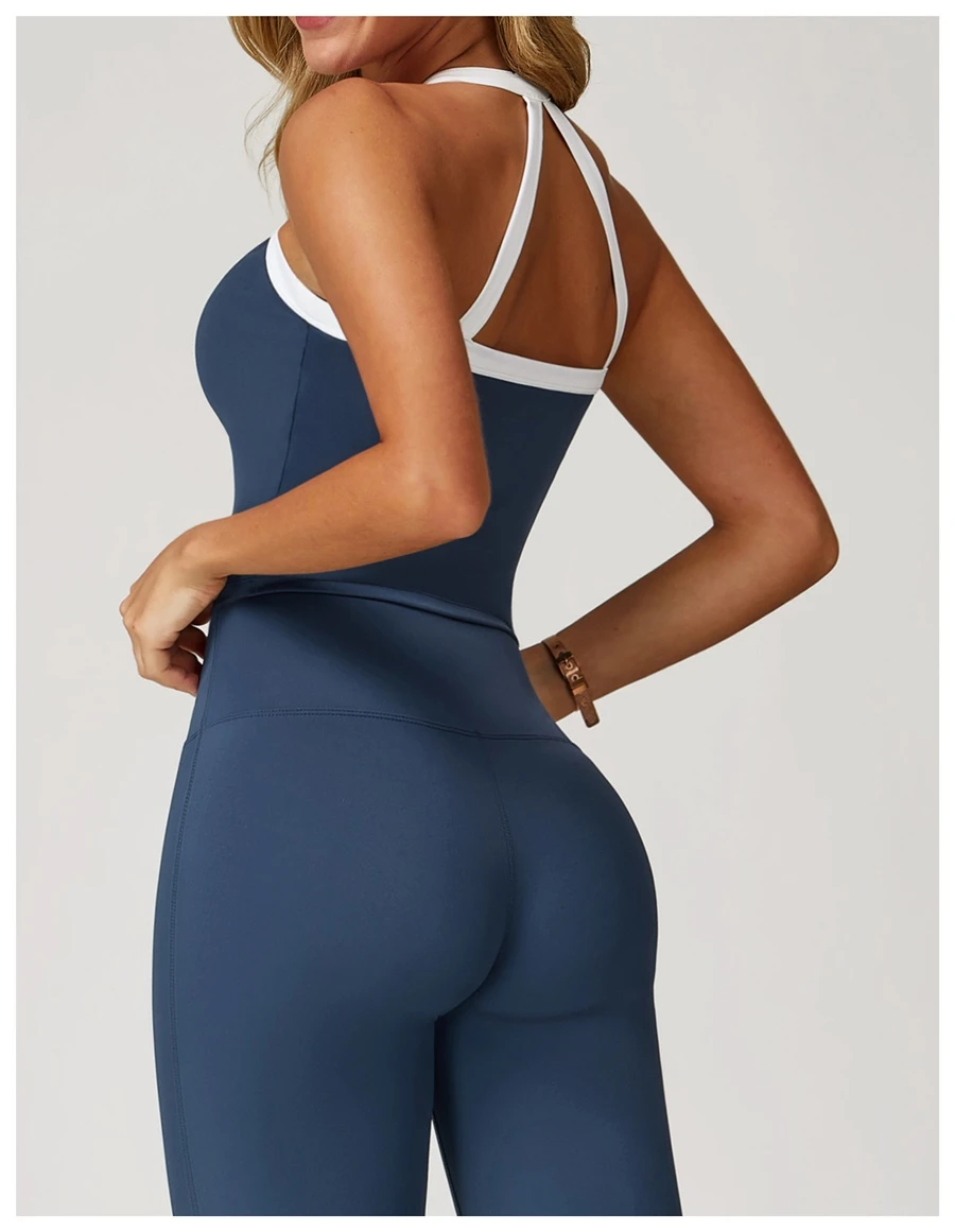 back view for Woman wearing stylish backless yoga tank top during fitness workout-insignia blue