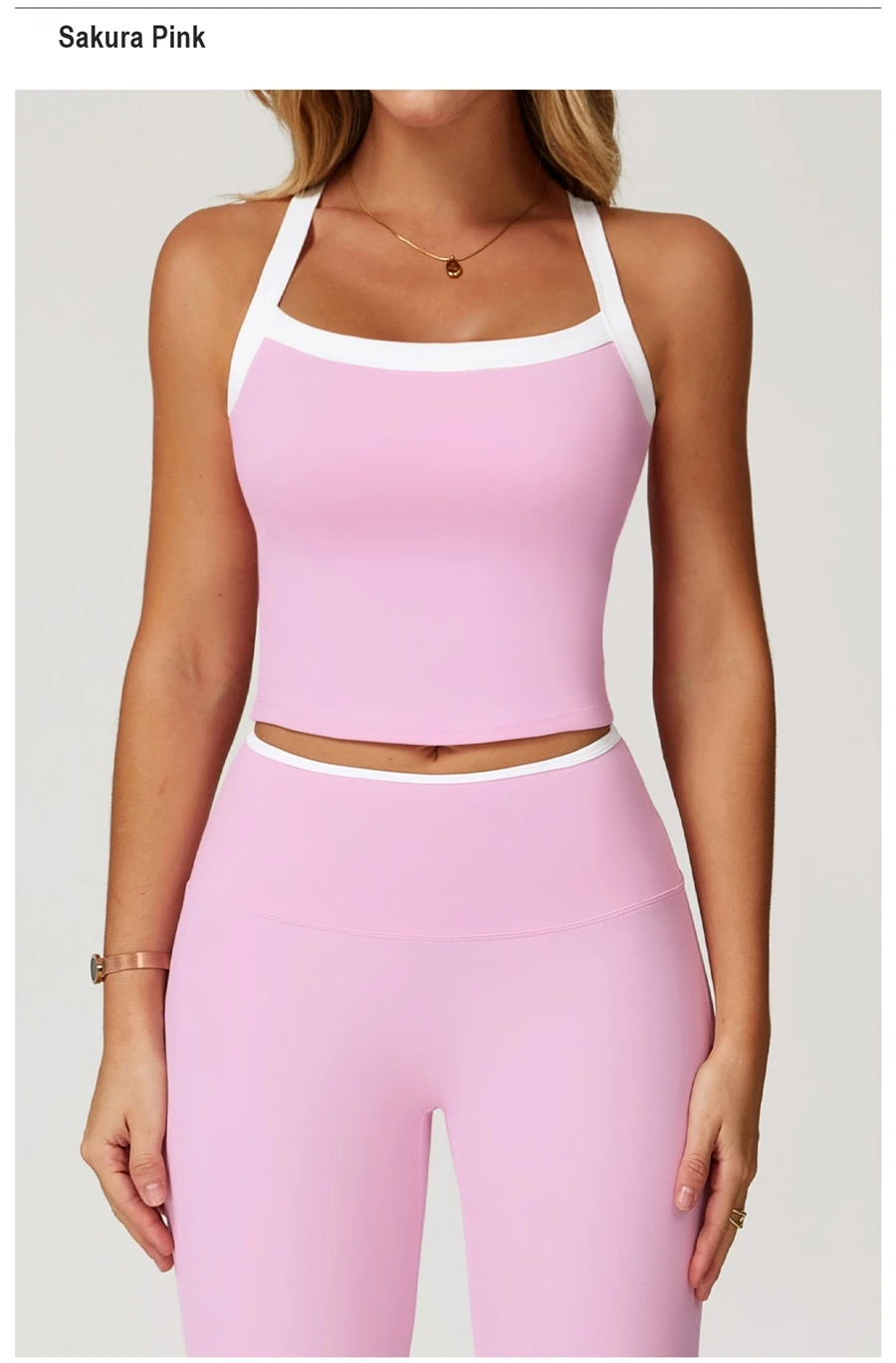 front view for Woman wearing stylish backless yoga tank top during fitness workout-pink