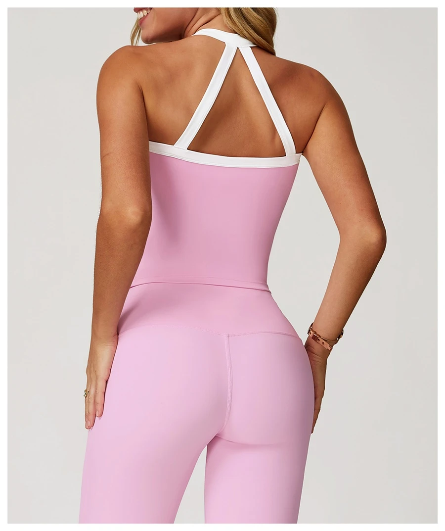 back view for Woman wearing stylish backless yoga tank top during fitness workout-pink