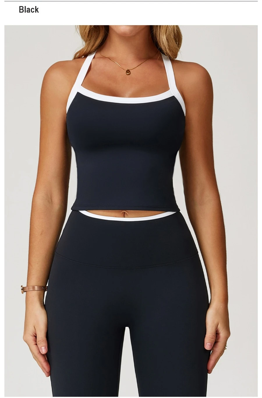 front view for Woman wearing stylish backless yoga tank top during fitness workout-black