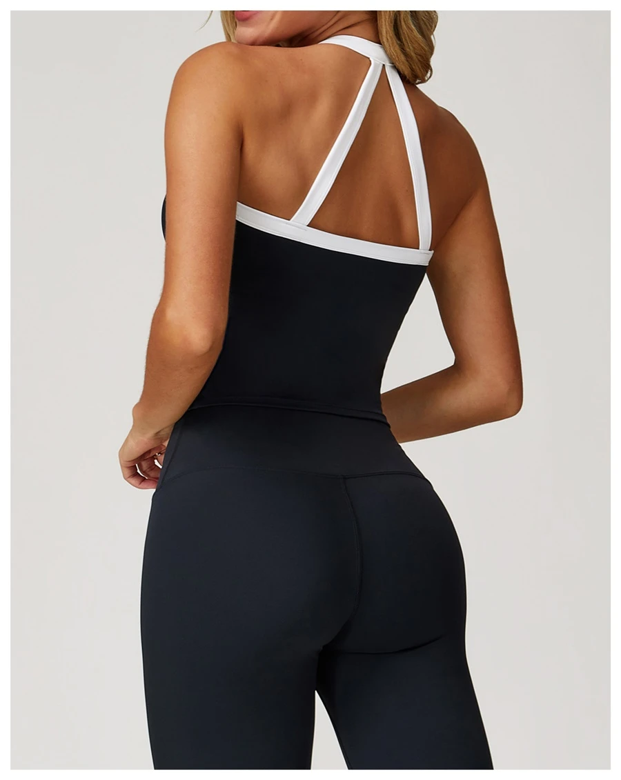back view for Woman wearing stylish backless yoga tank top during fitness workout-black