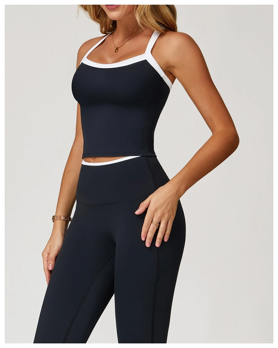 side view for Woman wearing stylish backless yoga tank top during fitness workout-black